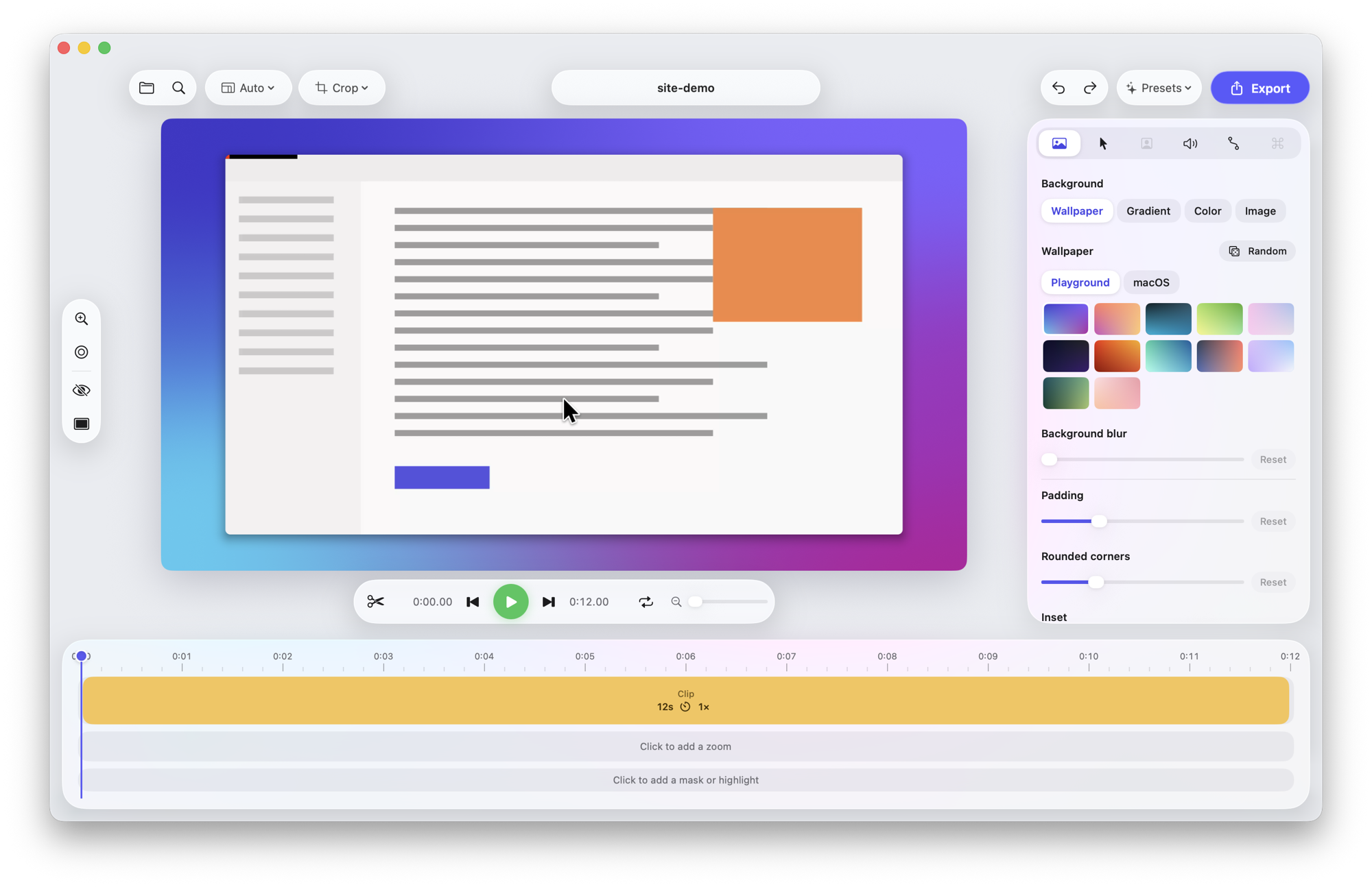 The Screen Playground editor: a recording on a gradient wallpaper, styling controls on the right and a timeline below